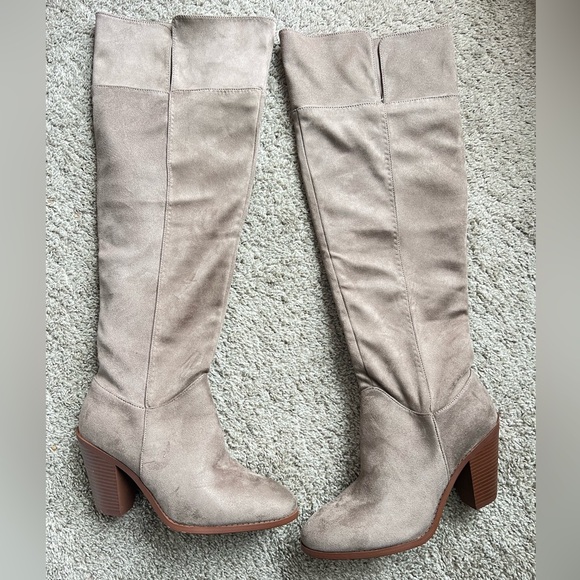 Qupid Shoes - Qupid Taupe Over the Knee Boots